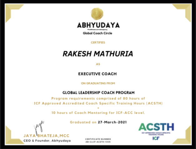 Rakesh Mathuria ICF Coach Certificate